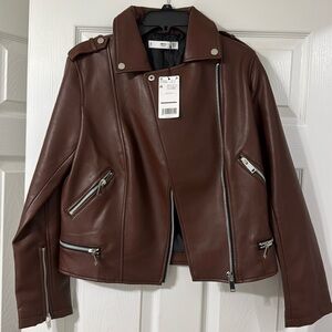 Mango, size M, brown faux leather biker jacket